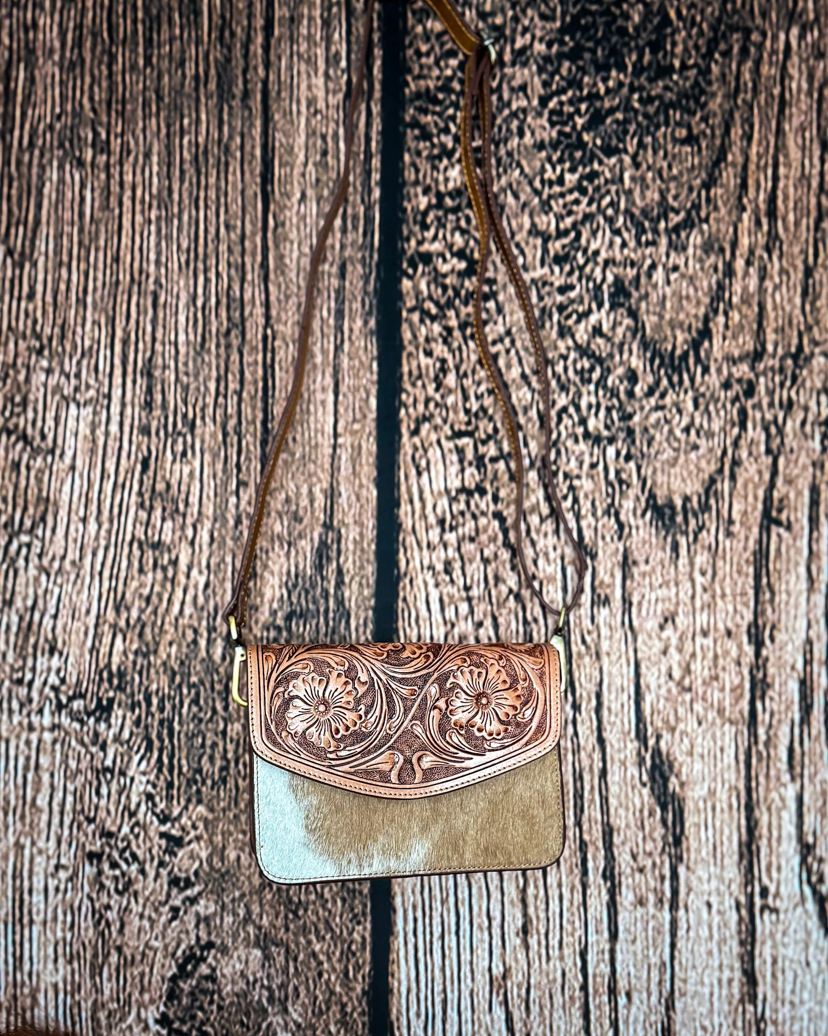 Bridle Blossom Hand Tooled Hairon Leather Bag in Amber Carve By Myra Bag - Image 2