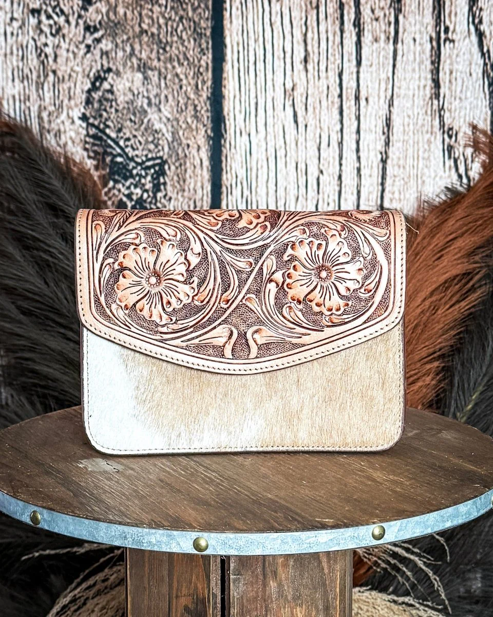 Bridle Blossom Hand Tooled Hairon Leather Bag in Amber Carve By Myra Bag - Image 3