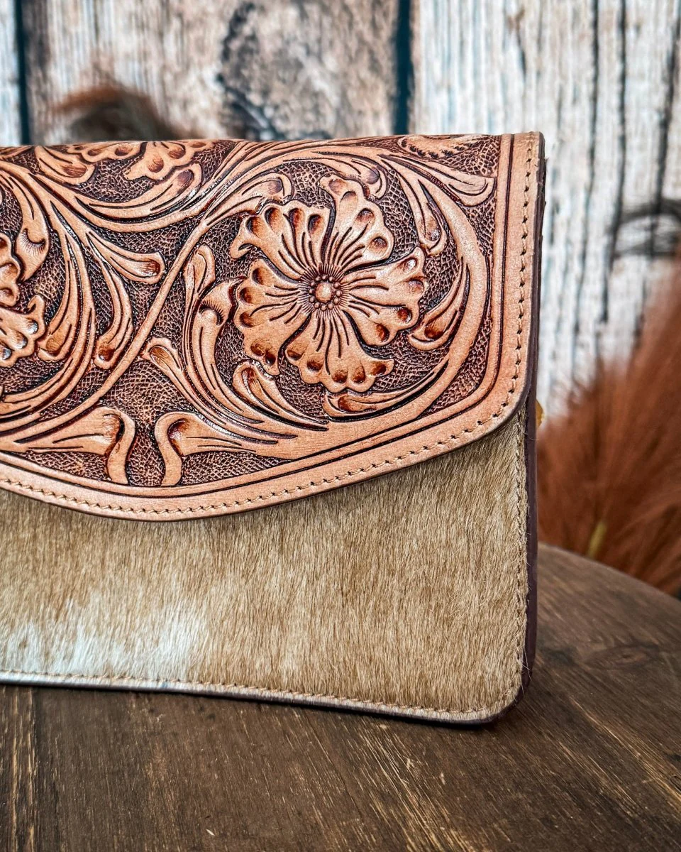 Bridle Blossom Hand Tooled Hairon Leather Bag in Amber Carve By Myra Bag - Image 4