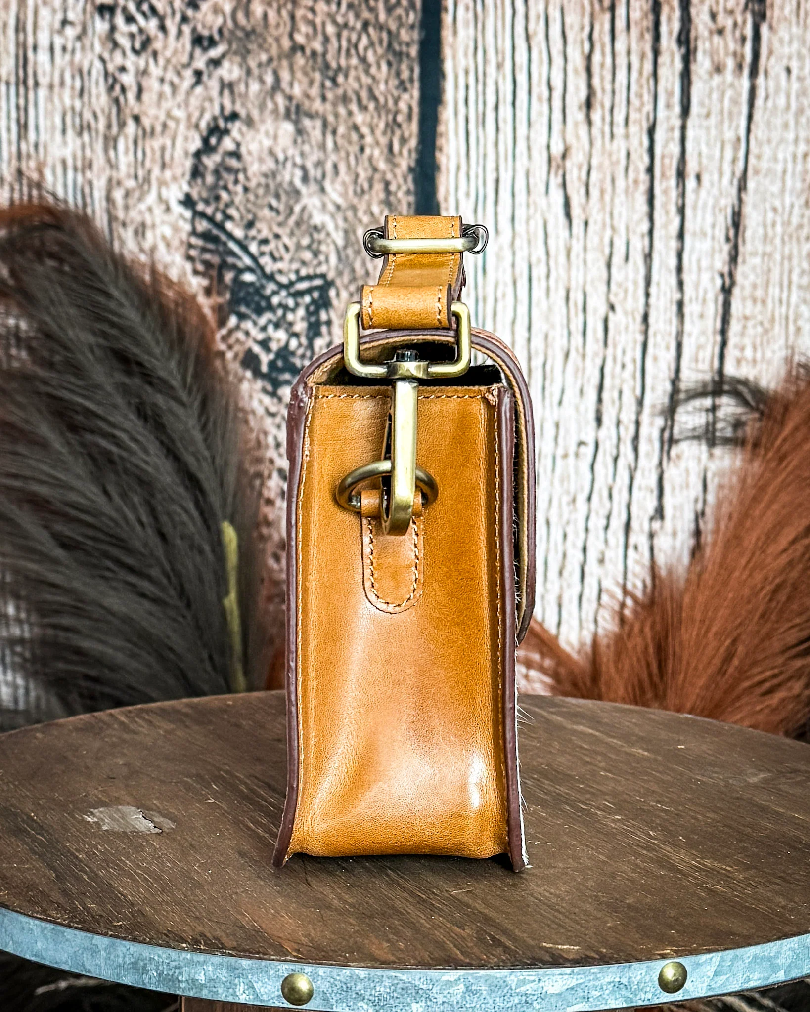 Bridle Blossom Hand Tooled Hairon Leather Bag in Amber Carve By Myra Bag - Image 5