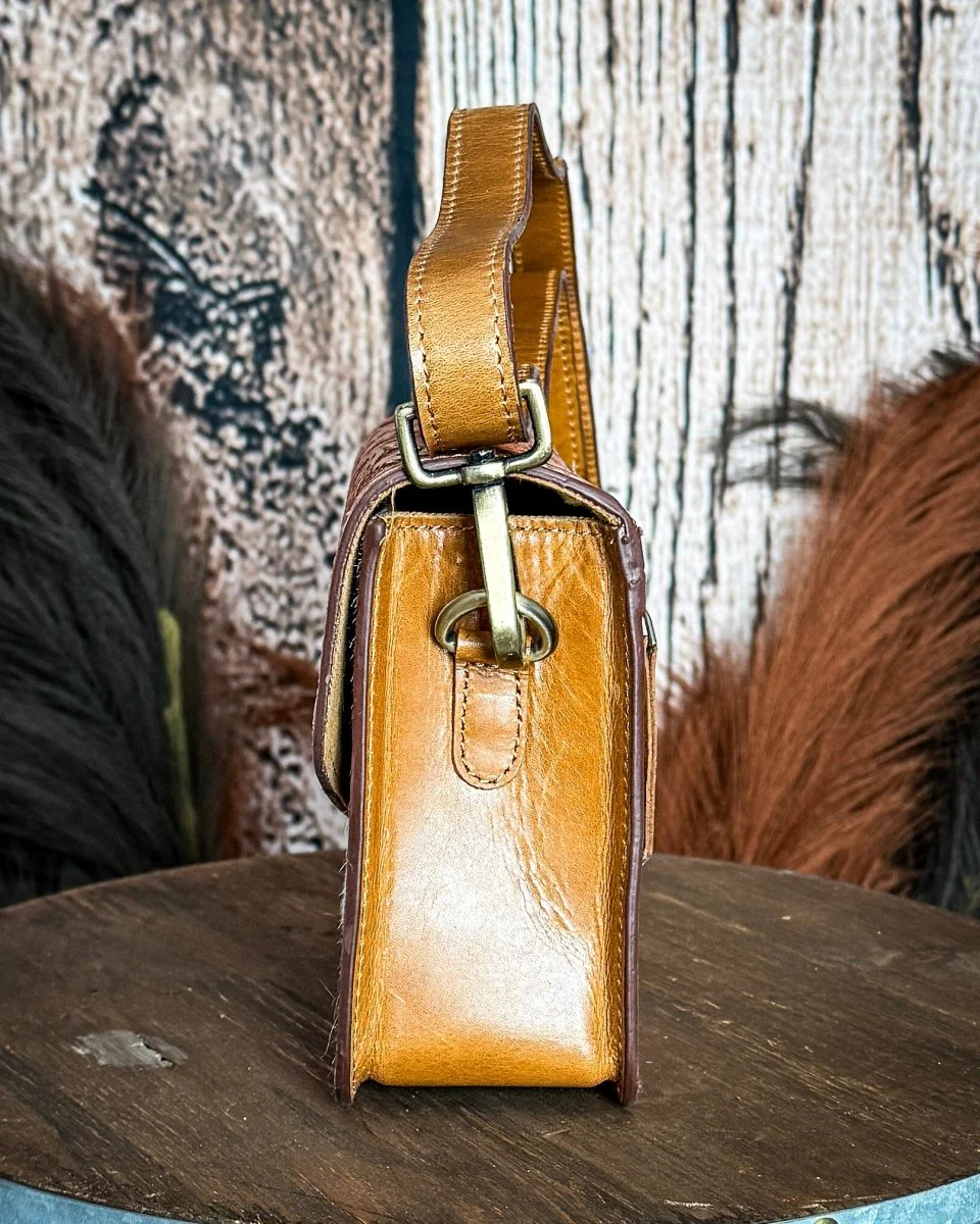 Bridle Blossom Hand Tooled Hairon Leather Bag in Amber Carve By Myra Bag - Image 7