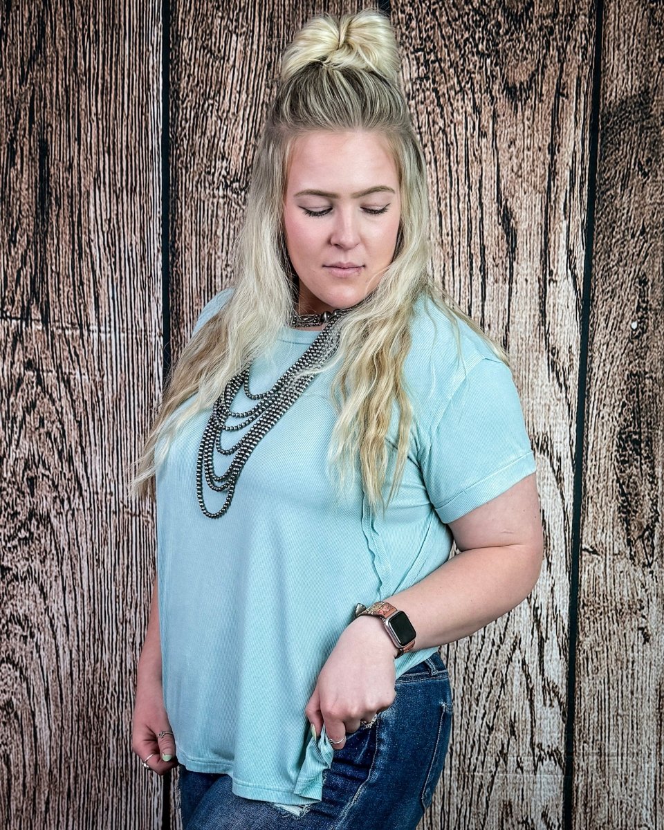 Canyon Fade Washed Ribbed Top in Dusty Aqua - Image 2