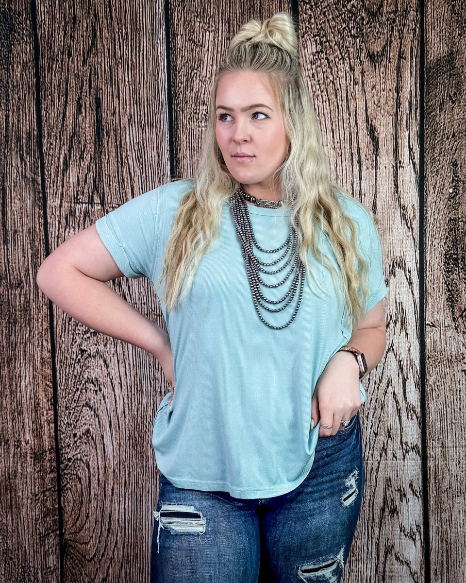 Canyon Fade Washed Ribbed Top in Dusty Aqua - Image 3