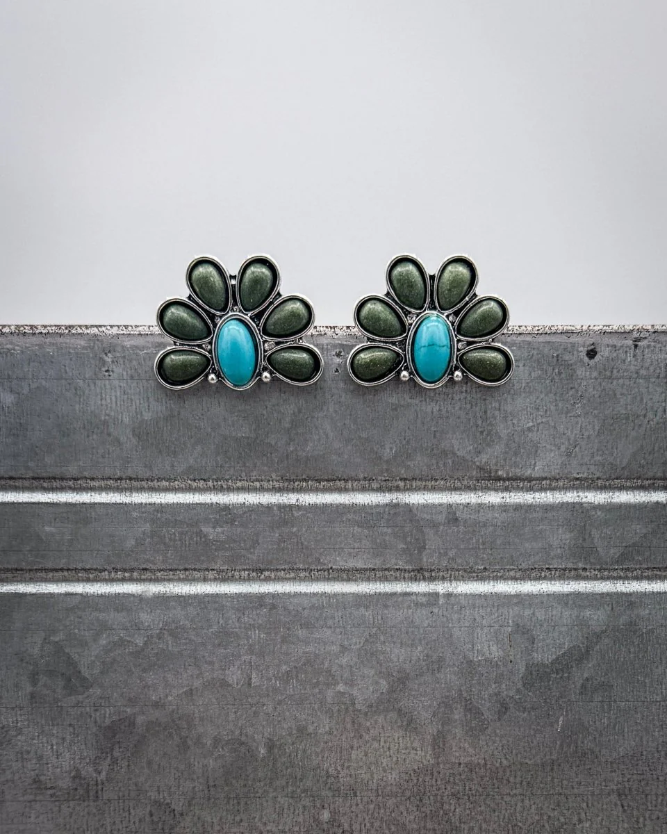 Cedarvale Half Flower Post Earrings in Turquoise and Green - Image 2