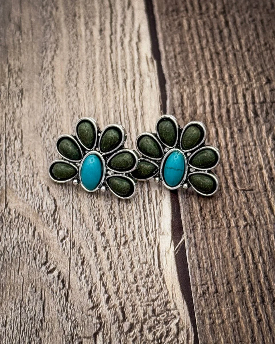 Cedarvale Half Flower Post Earrings in Turquoise and Green - Image 3