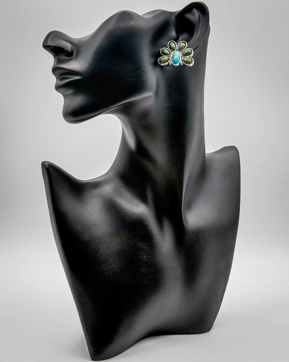 Cedarvale Half Flower Post Earrings in Turquoise and Green - Image 4