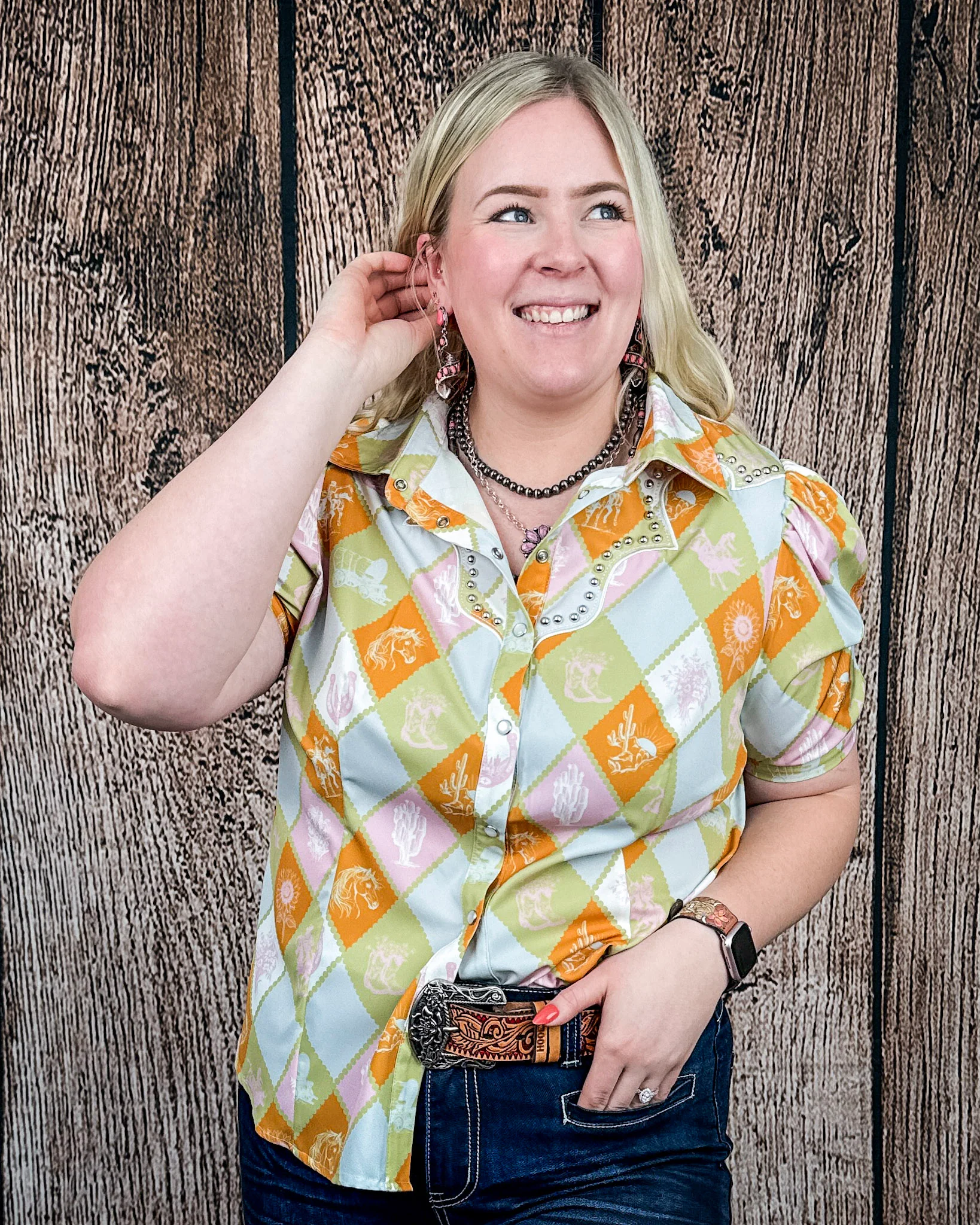 Celeste Puff Sleeve Studded Pearl Snap Shirt in Checkered Print by Lucky and Blessed - Image 4