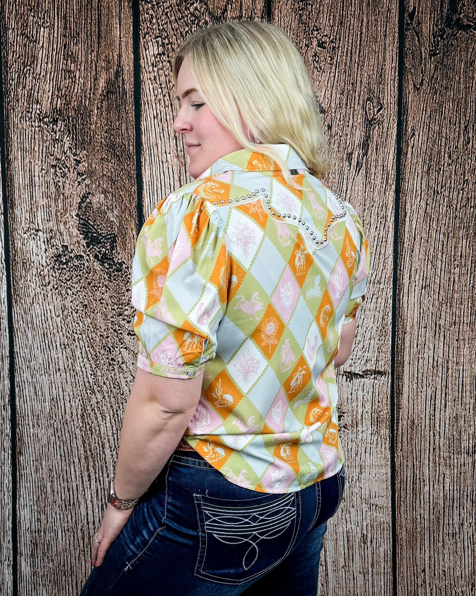 Celeste Puff Sleeve Studded Pearl Snap Shirt in Checkered Print by Lucky and Blessed - Image 7