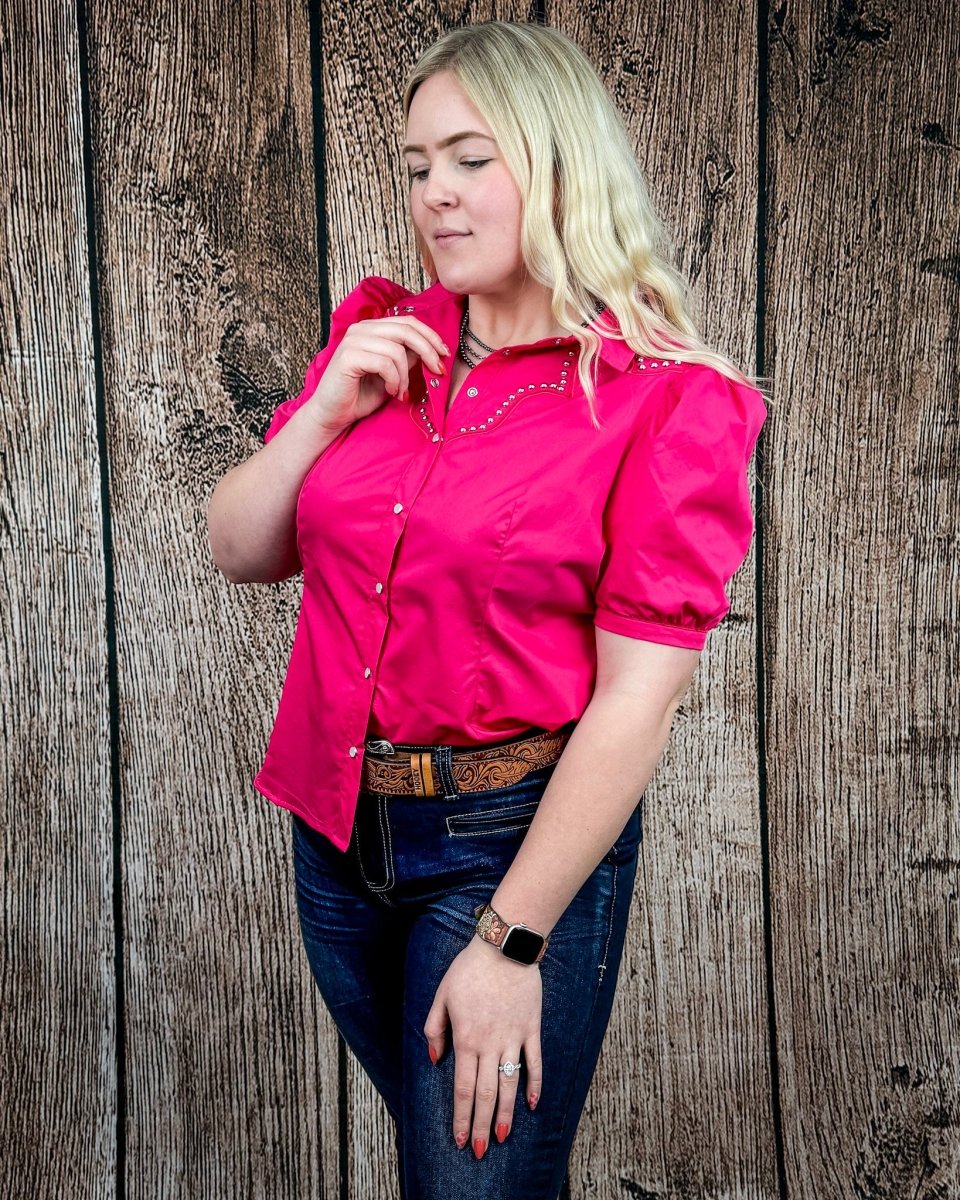 Celeste Puff Sleeve Studded Pearl Snap Shirt in Pink by Lucky and Blessed - Image 3