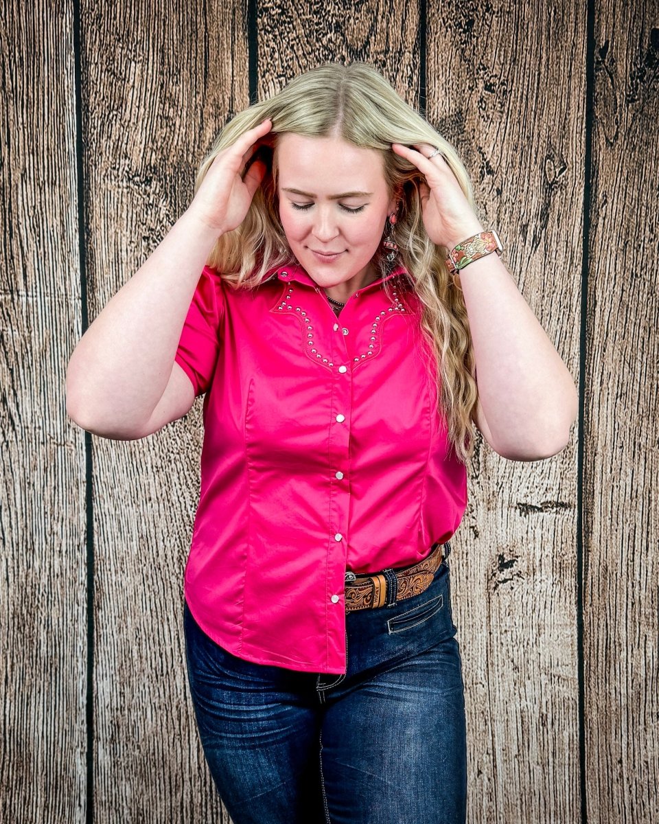 Celeste Puff Sleeve Studded Pearl Snap Shirt in Pink by Lucky and Blessed - Image 4