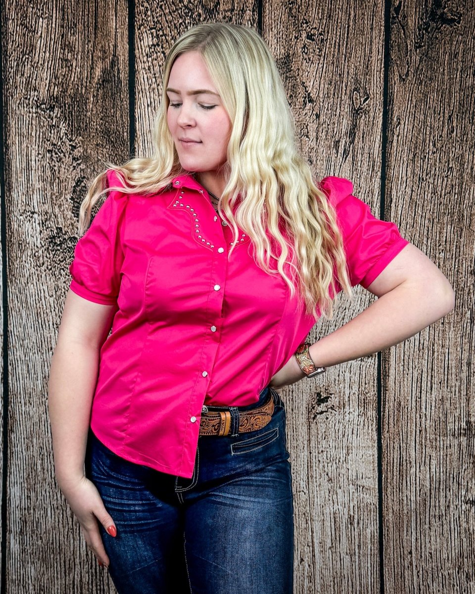 Celeste Puff Sleeve Studded Pearl Snap Shirt in Pink by Lucky and Blessed - Image 5