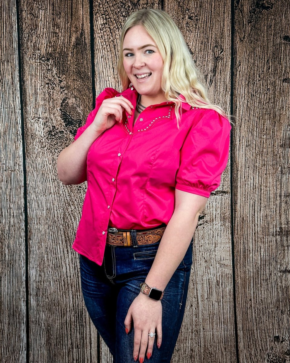 Celeste Puff Sleeve Studded Pearl Snap Shirt in Pink by Lucky and Blessed - Image 6