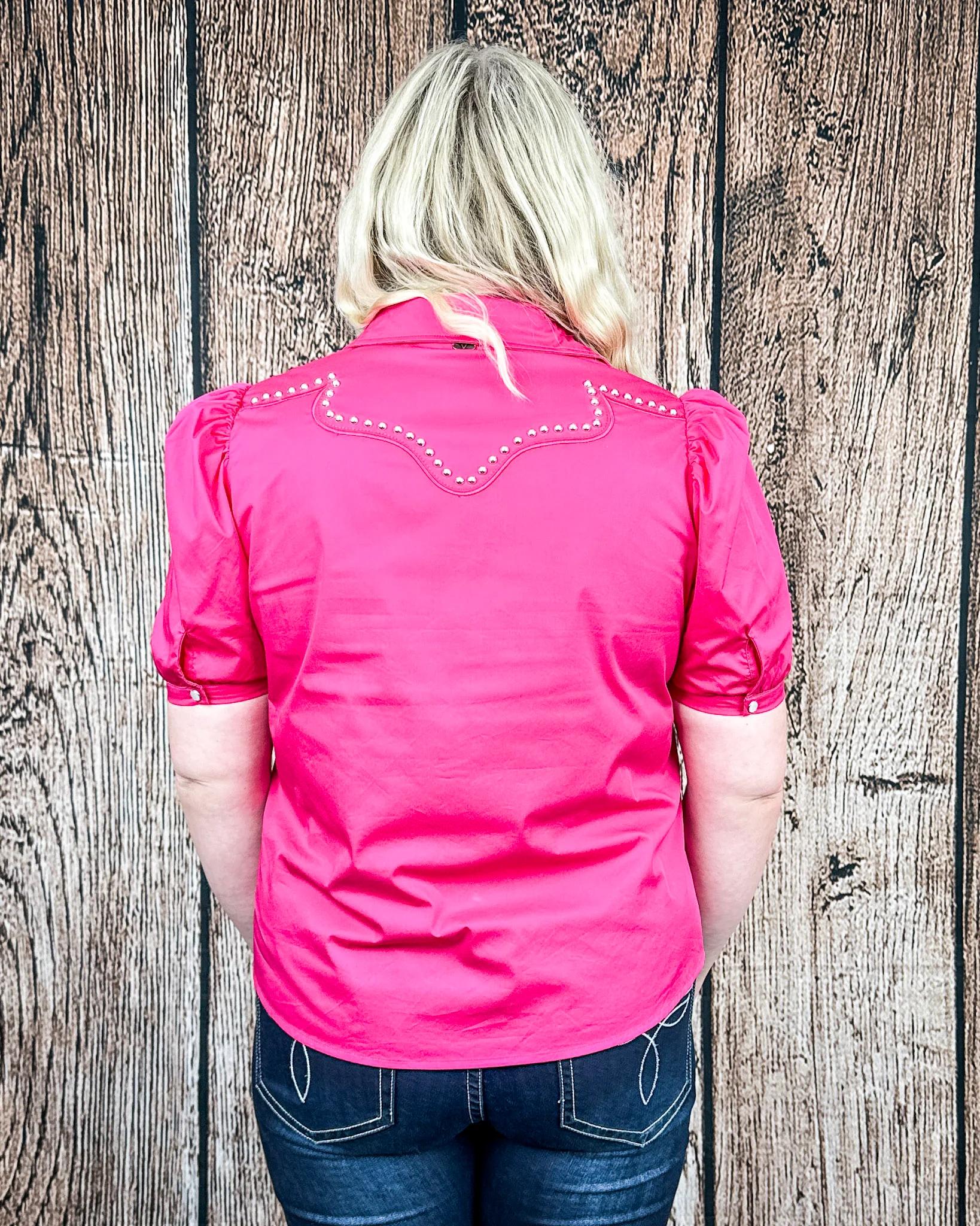 Celeste Puff Sleeve Studded Pearl Snap Shirt in Pink by Lucky and Blessed - Image 8