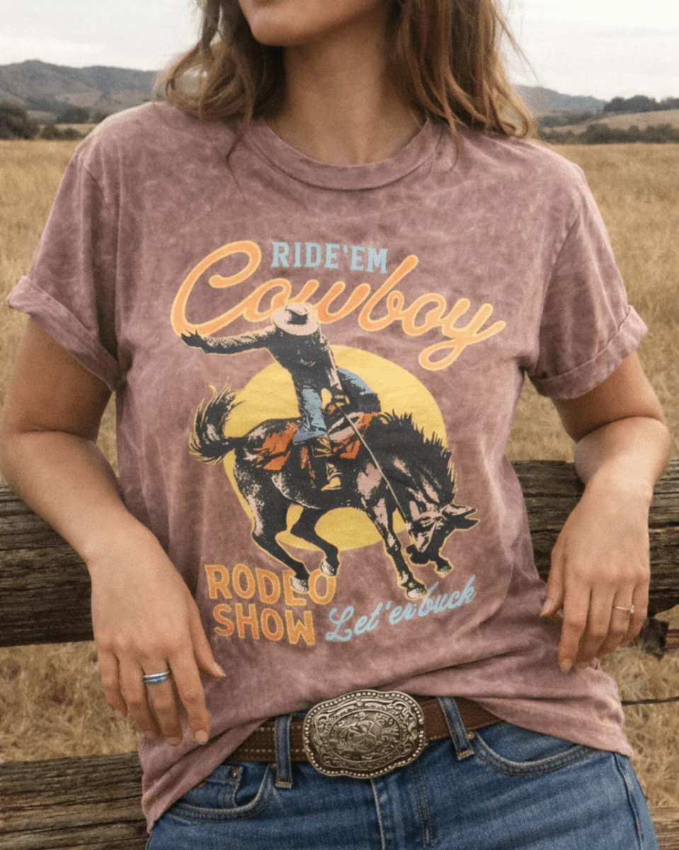 Cowboy Rodeo Show Boyfriend Tee in Mocha Mineral Wash - Image 3