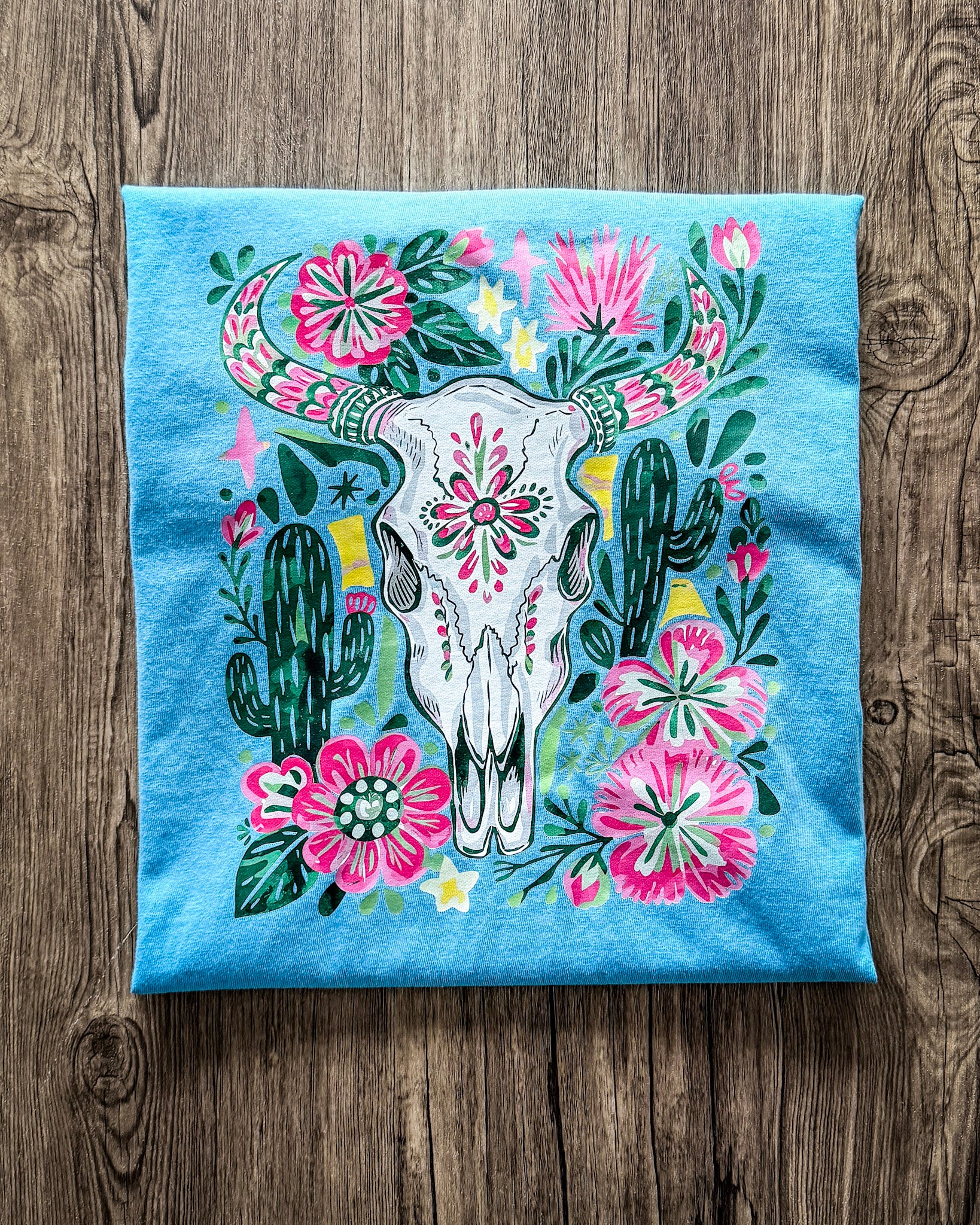Desert Bloom Cow Skull Tee in Turquoise - Image 8
