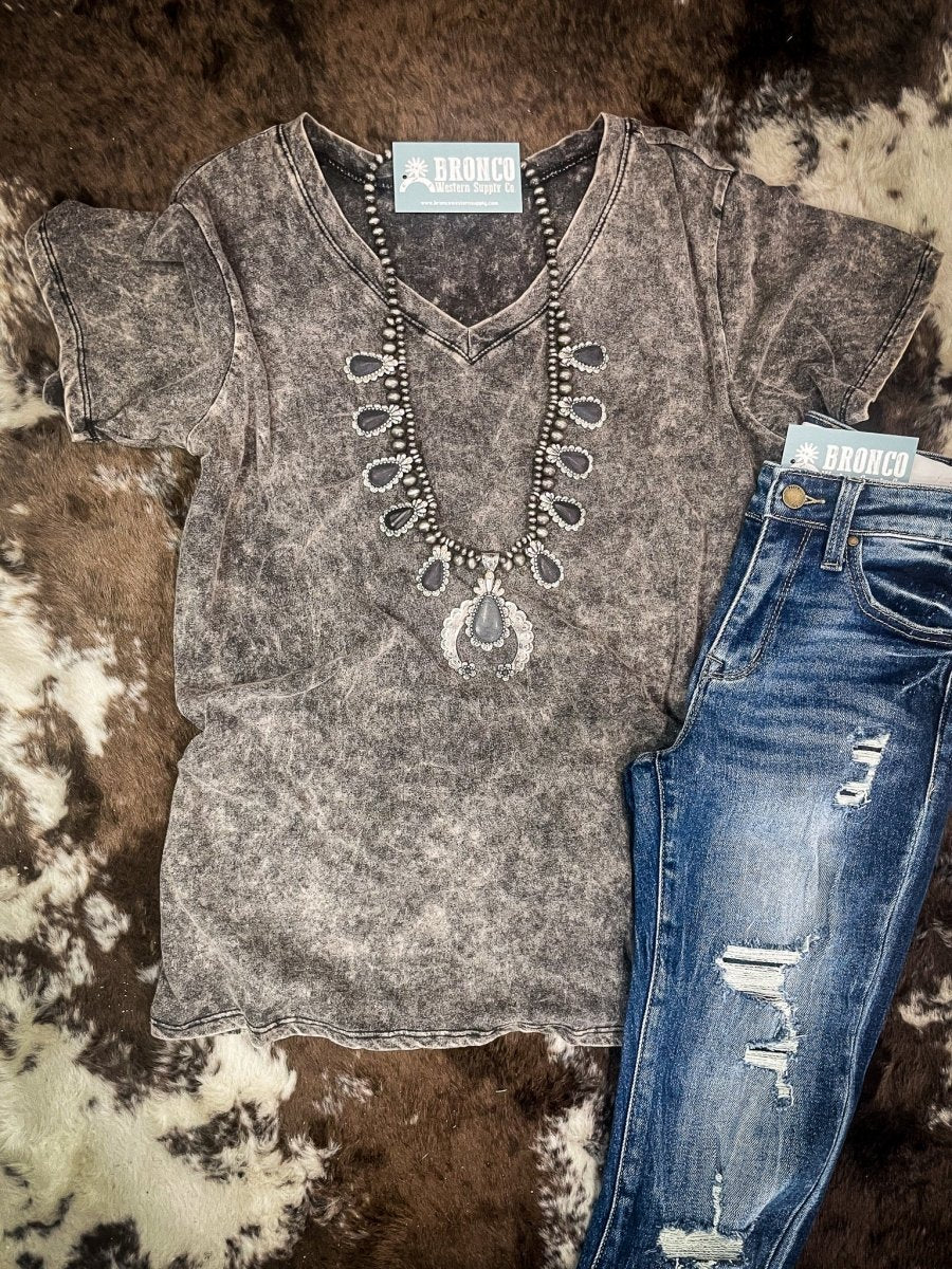 Frisco Acid Wash V-Neck Tee in Ash Black - Image 14