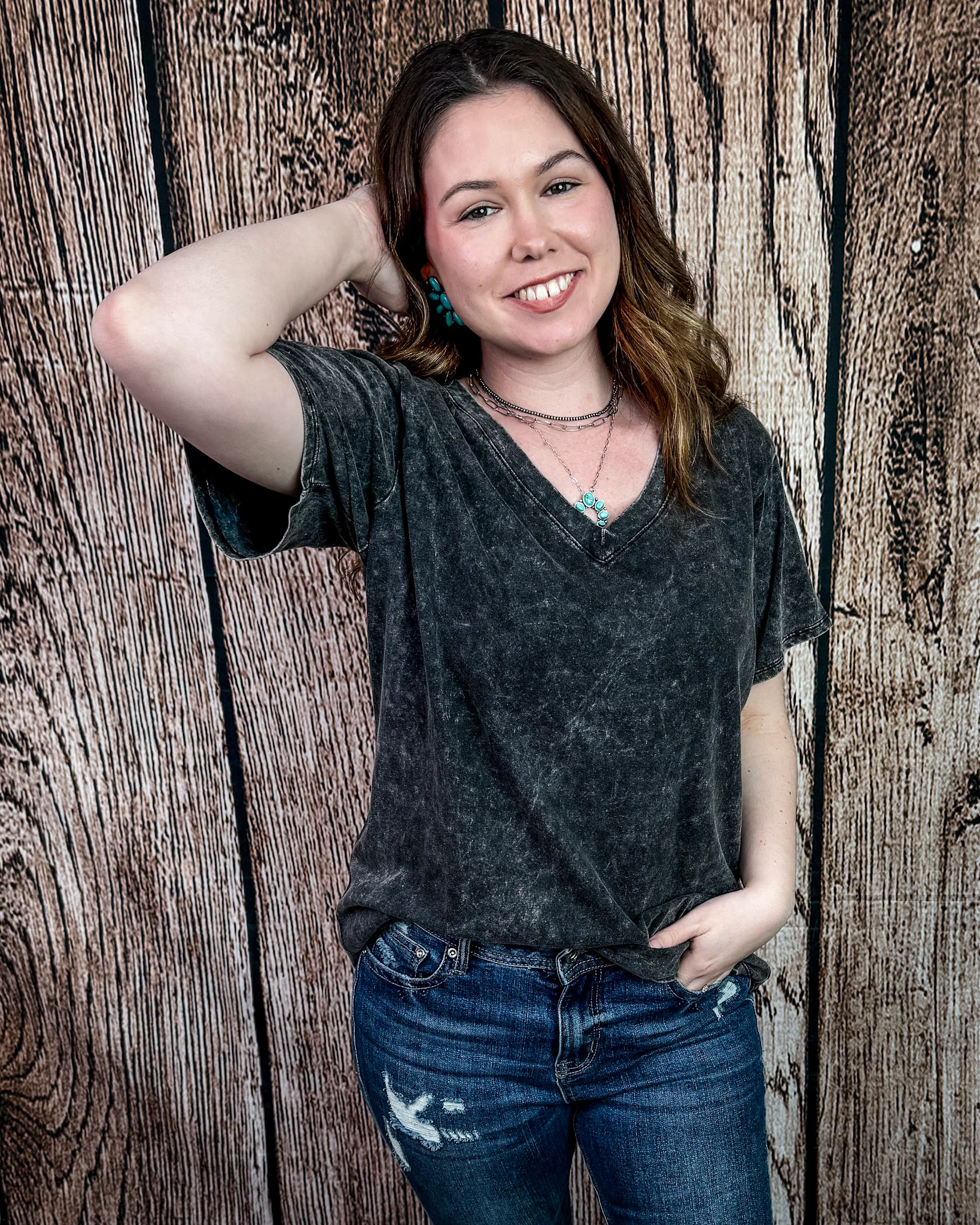 Frisco Acid Wash V-Neck Tee in Ash Black - Image 2