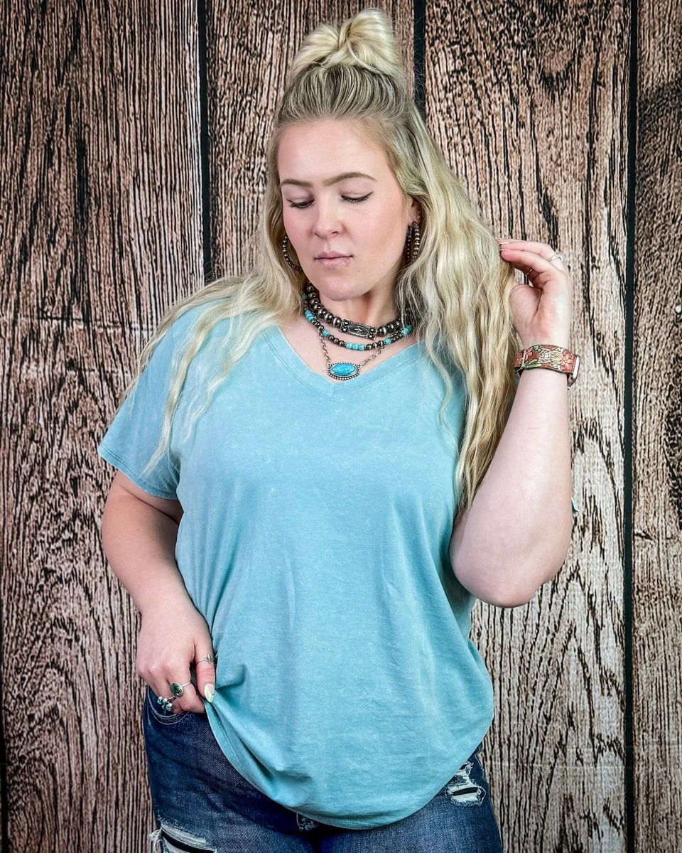 Frisco Acid Wash V-Neck Tee in Dusty Teal
