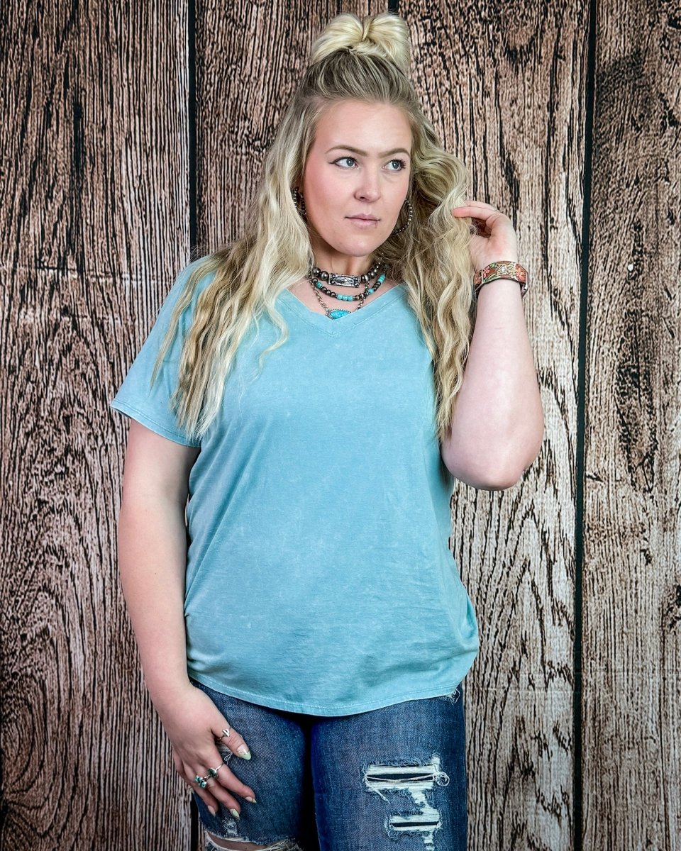 Frisco Acid Wash V-Neck Tee in Dusty Teal - Image 2