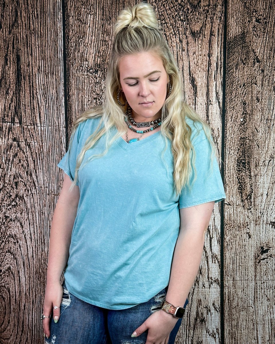 Frisco Acid Wash V-Neck Tee in Dusty Teal - Image 3