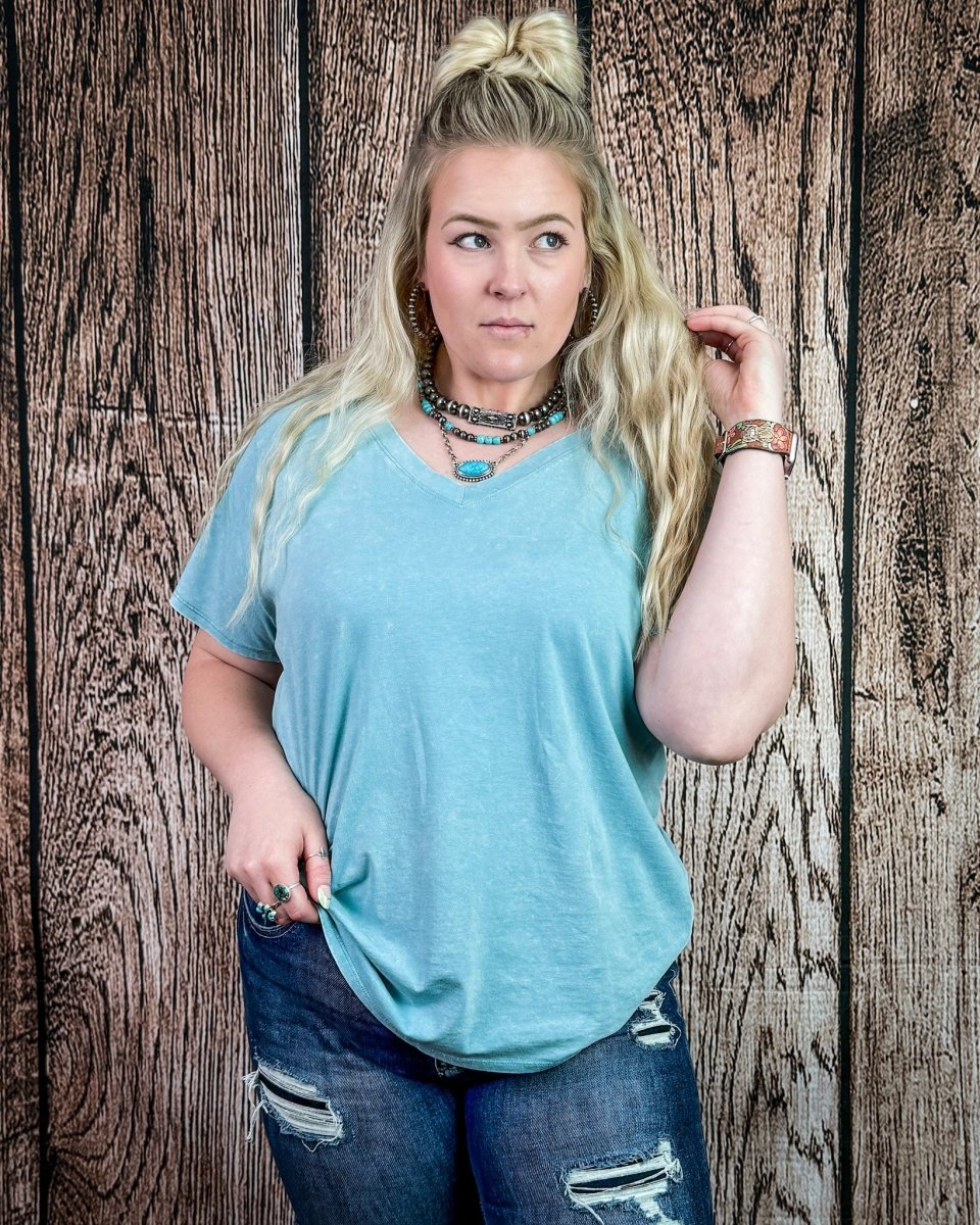 Frisco Acid Wash V-Neck Tee in Dusty Teal - Image 4