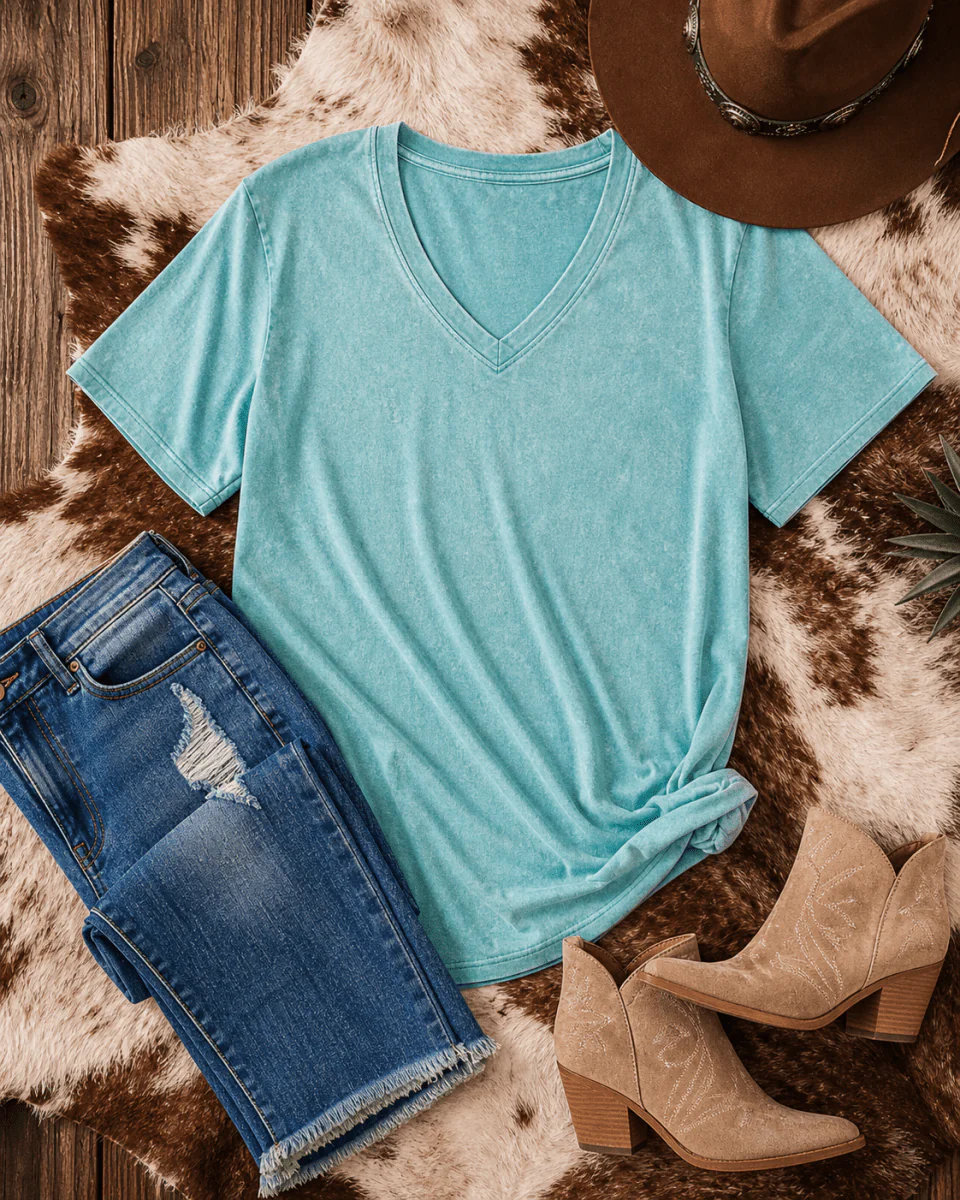 Frisco Acid Wash V-Neck Tee in Dusty Teal - Image 6