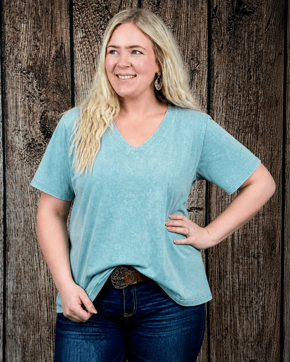 Frisco Acid Wash V-Neck Tee in Dusty Teal - Image 7