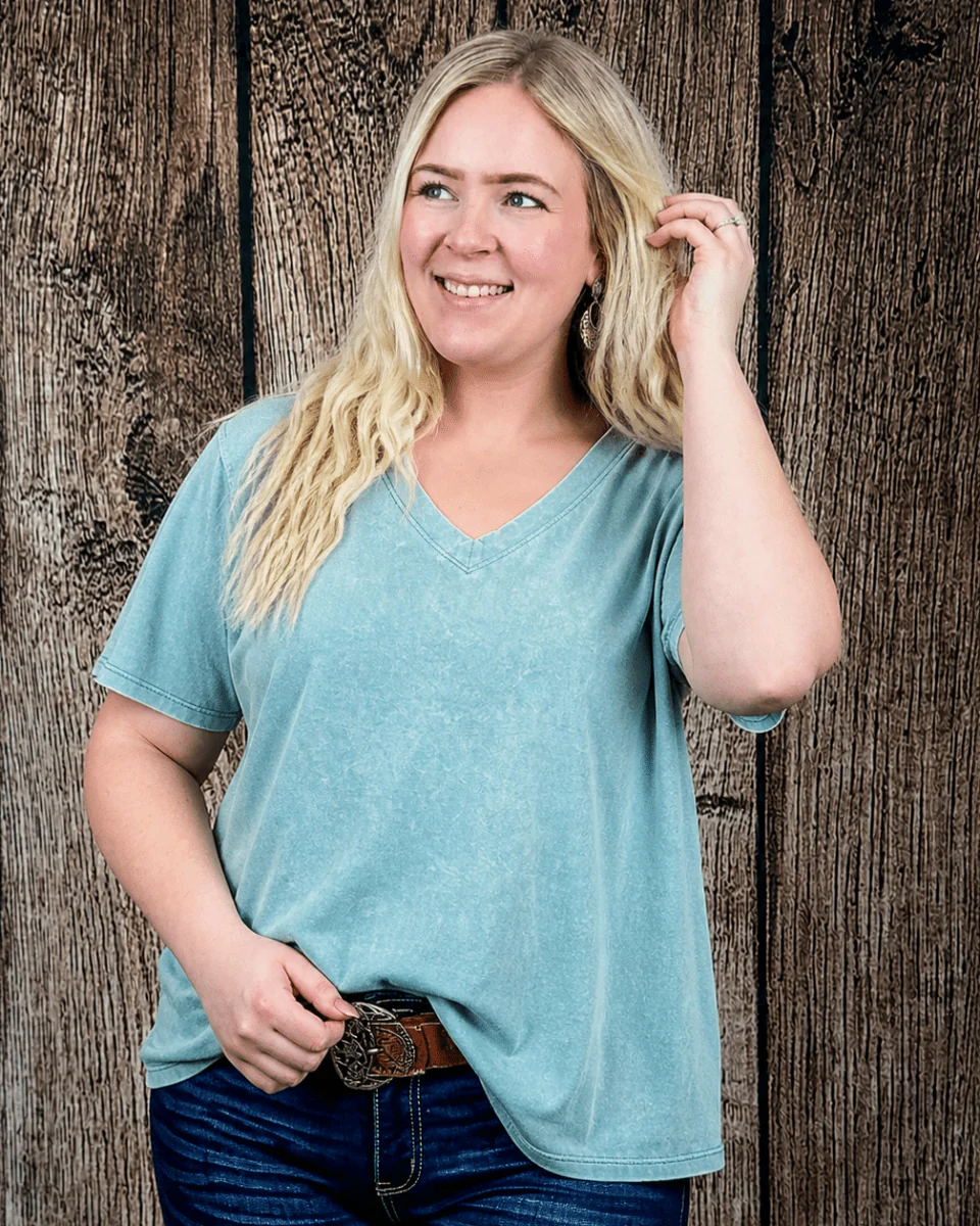 Frisco Acid Wash V-Neck Tee in Dusty Teal - Image 8