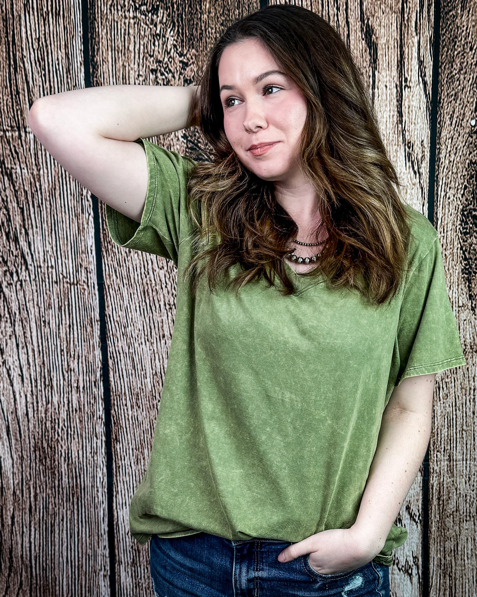 Frisco Acid Wash V-Neck Tee in Light Olive