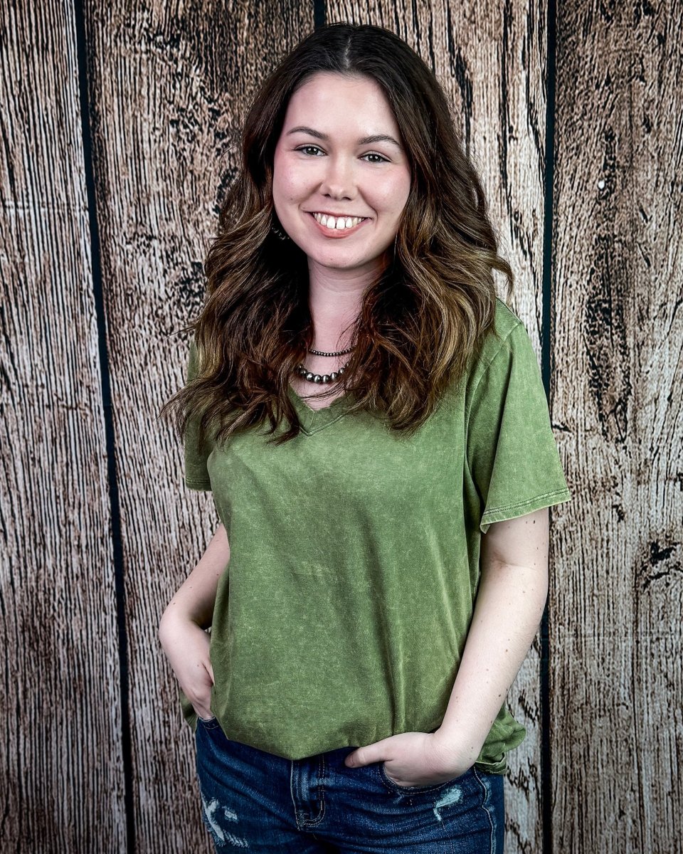 Frisco Acid Wash V-Neck Tee in Light Olive - Image 2