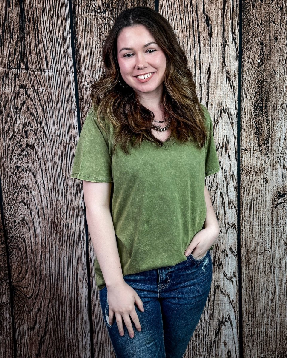 Frisco Acid Wash V-Neck Tee in Light Olive - Image 3