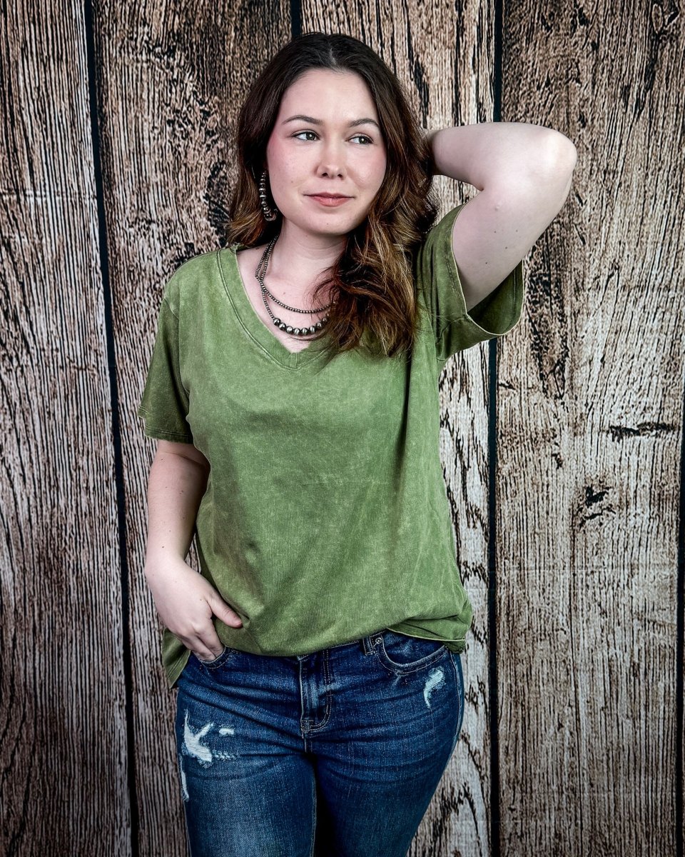 Frisco Acid Wash V-Neck Tee in Light Olive - Image 4