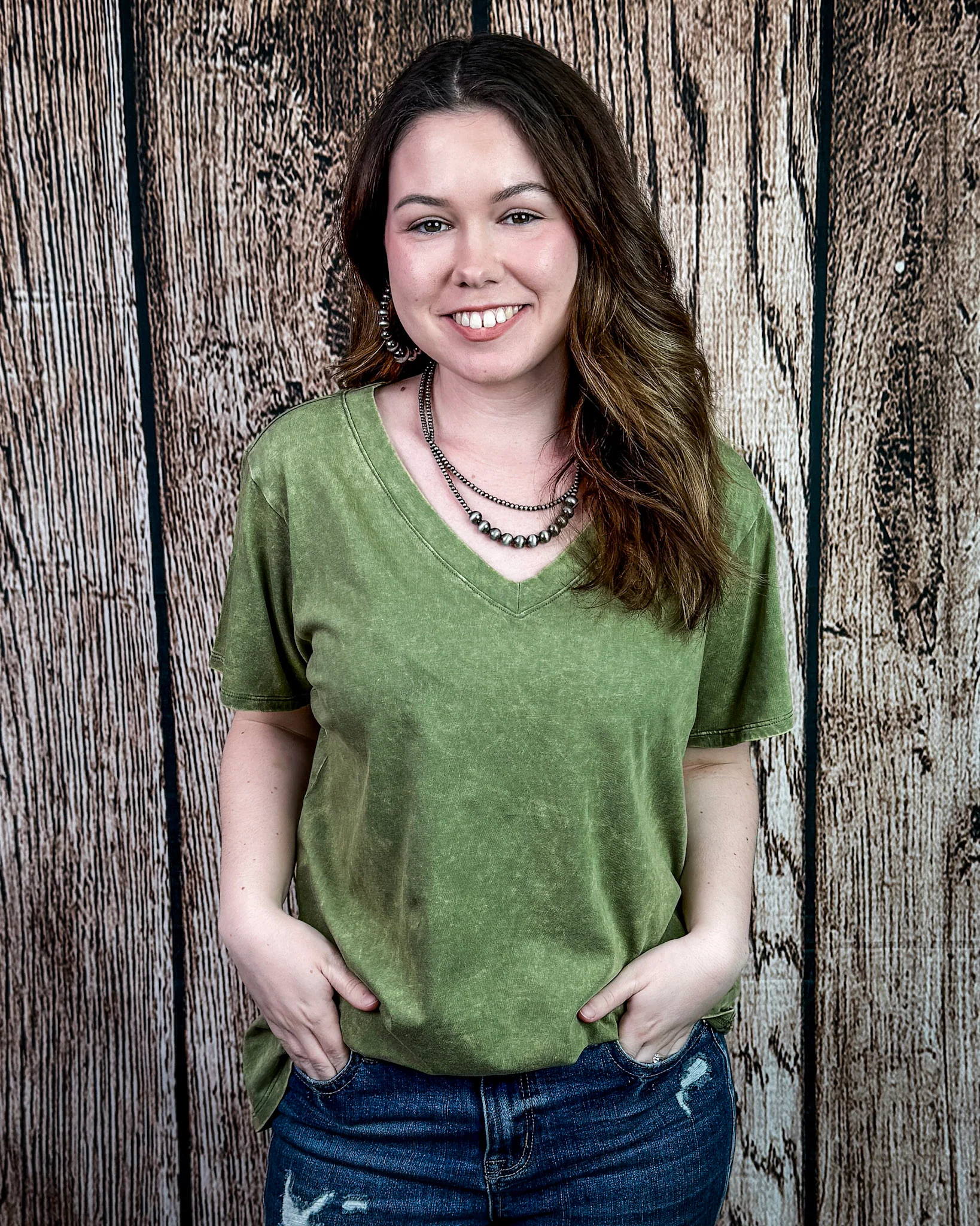 Frisco Acid Wash V-Neck Tee in Light Olive - Image 5