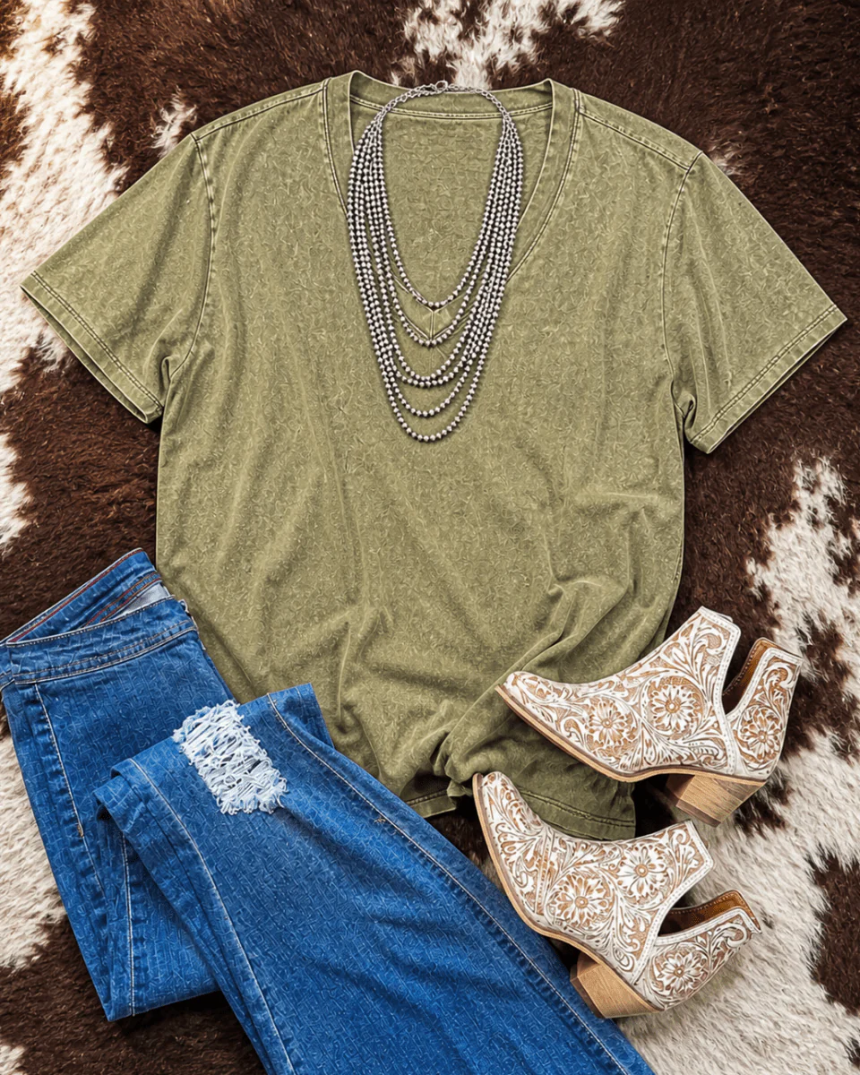 Frisco Acid Wash V-Neck Tee in Light Olive - Image 7