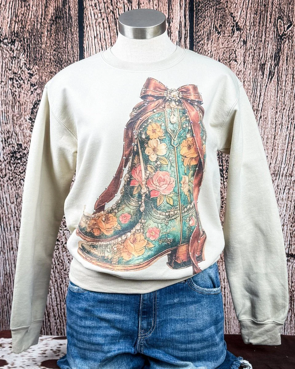 Heirloom Bloom Rhinestone Boot Sweatshirt in Tan - Image 3