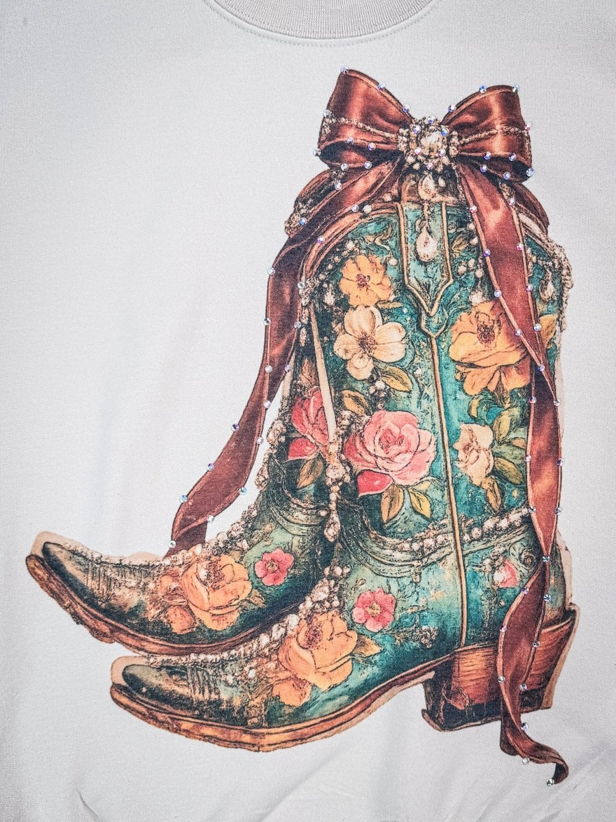 Heirloom Bloom Rhinestone Boot Sweatshirt in Tan - Image 4