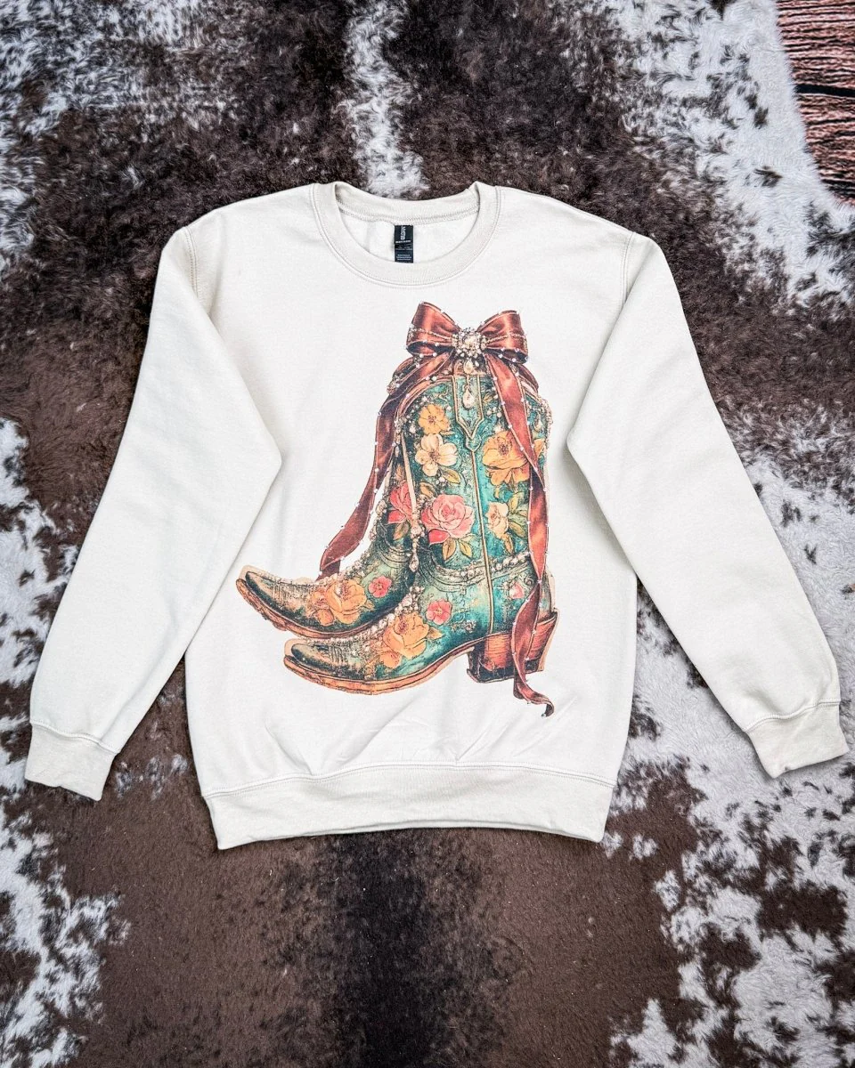 Heirloom Bloom Rhinestone Boot Sweatshirt in Tan - Image 5