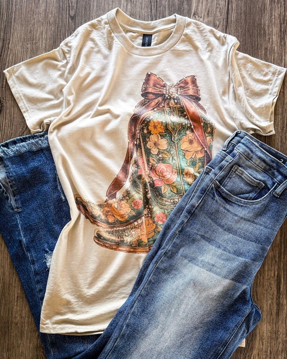 Heirloom Bloom Rhinestone Boot Tee in Tan
