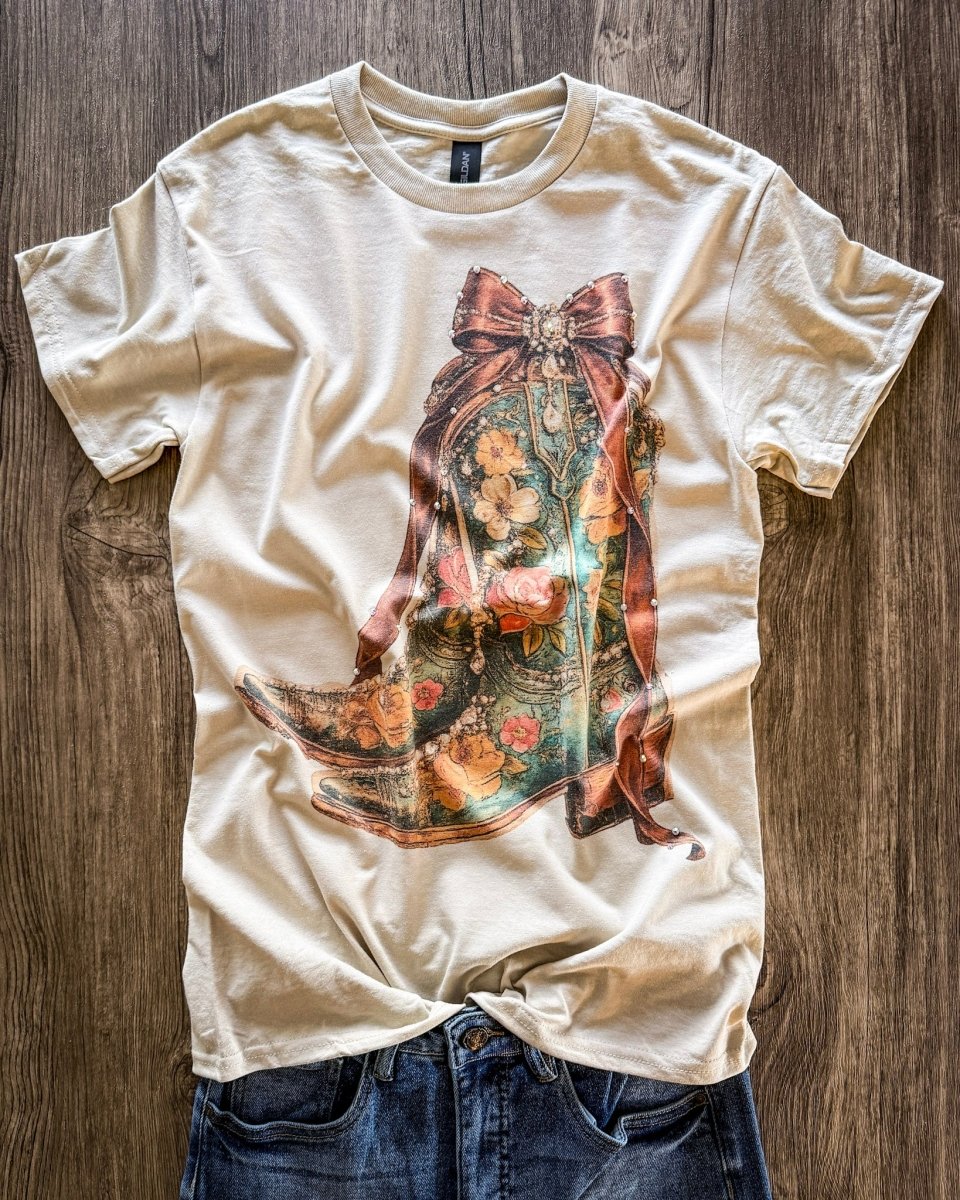 Heirloom Bloom Rhinestone Boot Tee in Tan - Image 3