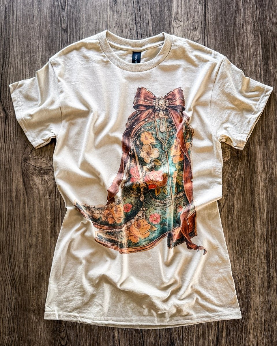 Heirloom Bloom Rhinestone Boot Tee in Tan - Image 4