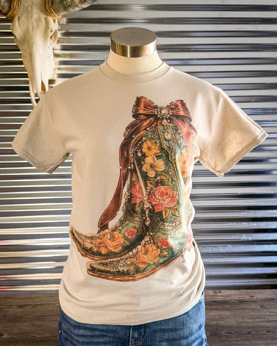 Heirloom Bloom Rhinestone Boot Tee in Tan - Image 6