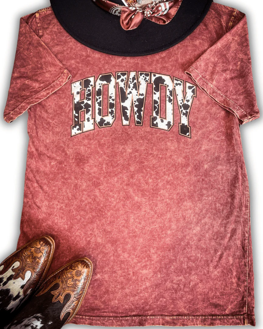 Howdy Cow Print Graphic Tee - Wine - Image 3