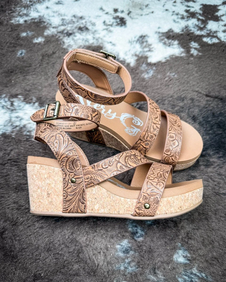 Kiara Tooled Wedge Sandal in Tan by Very G - Image 4