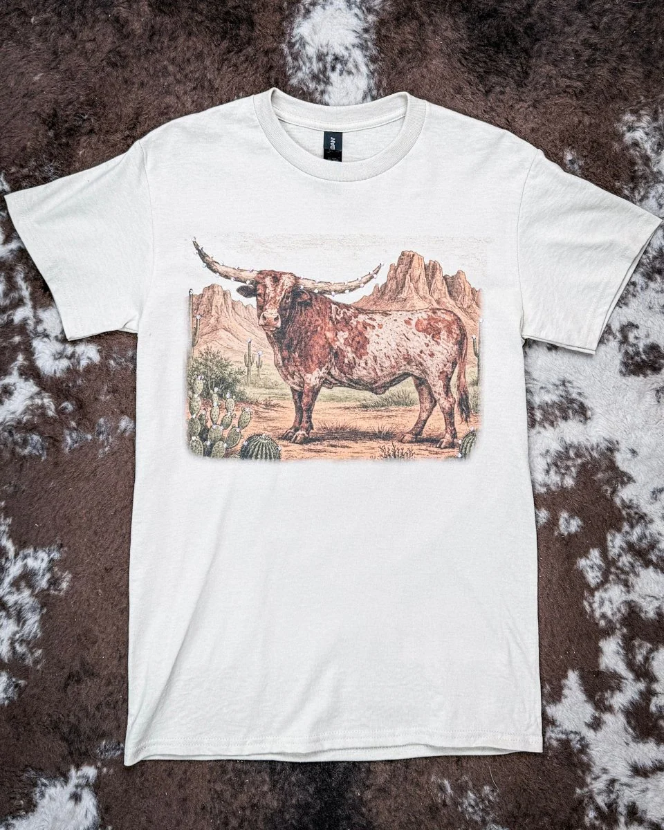 Mesa Ridge Rhinestone Longhorn Tee in Tan - Image 5