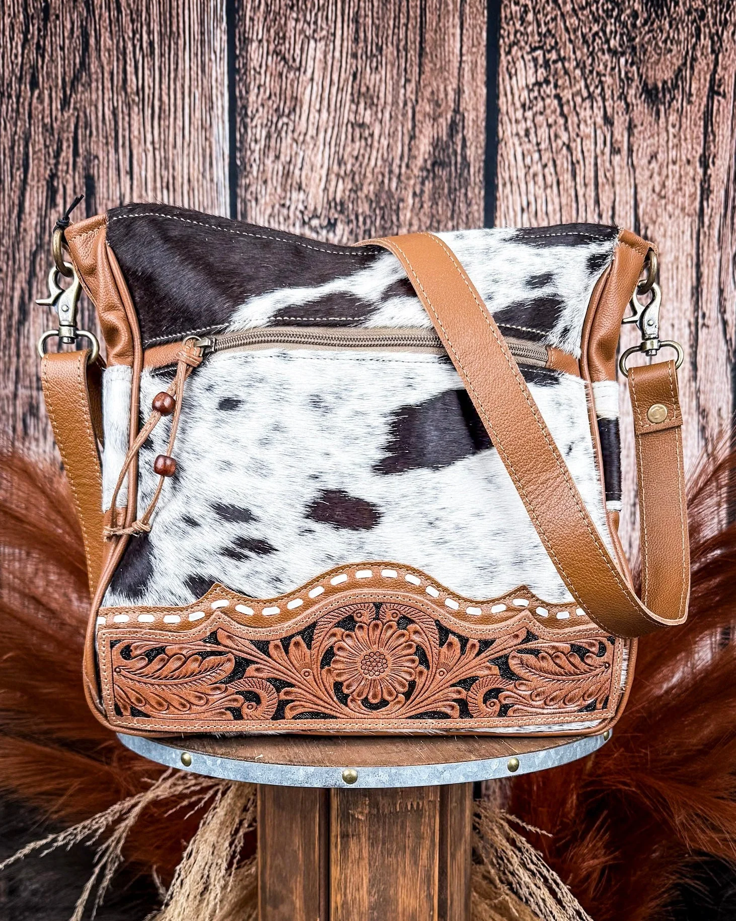 Genetic Hand Tooled Hair on Hide Bag by Myra Bag