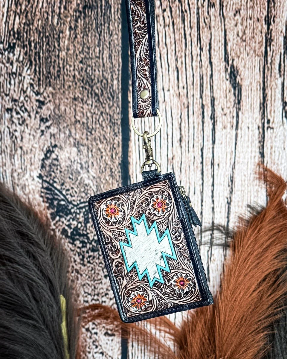 Navajo Sky Hand Tooled Hairon Leather Card Holder in Antique Brown By Myra Bag - Image 2