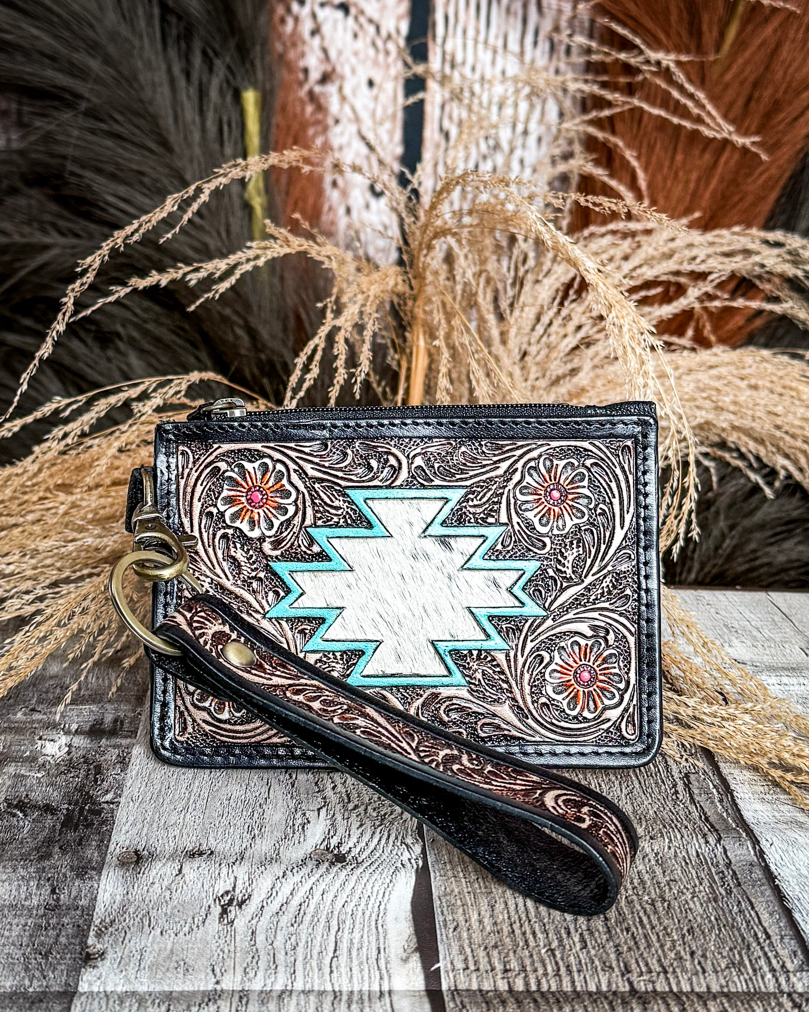 Navajo Sky Hand Tooled Hairon Leather Card Holder in Antique Brown By Myra Bag - Image 4