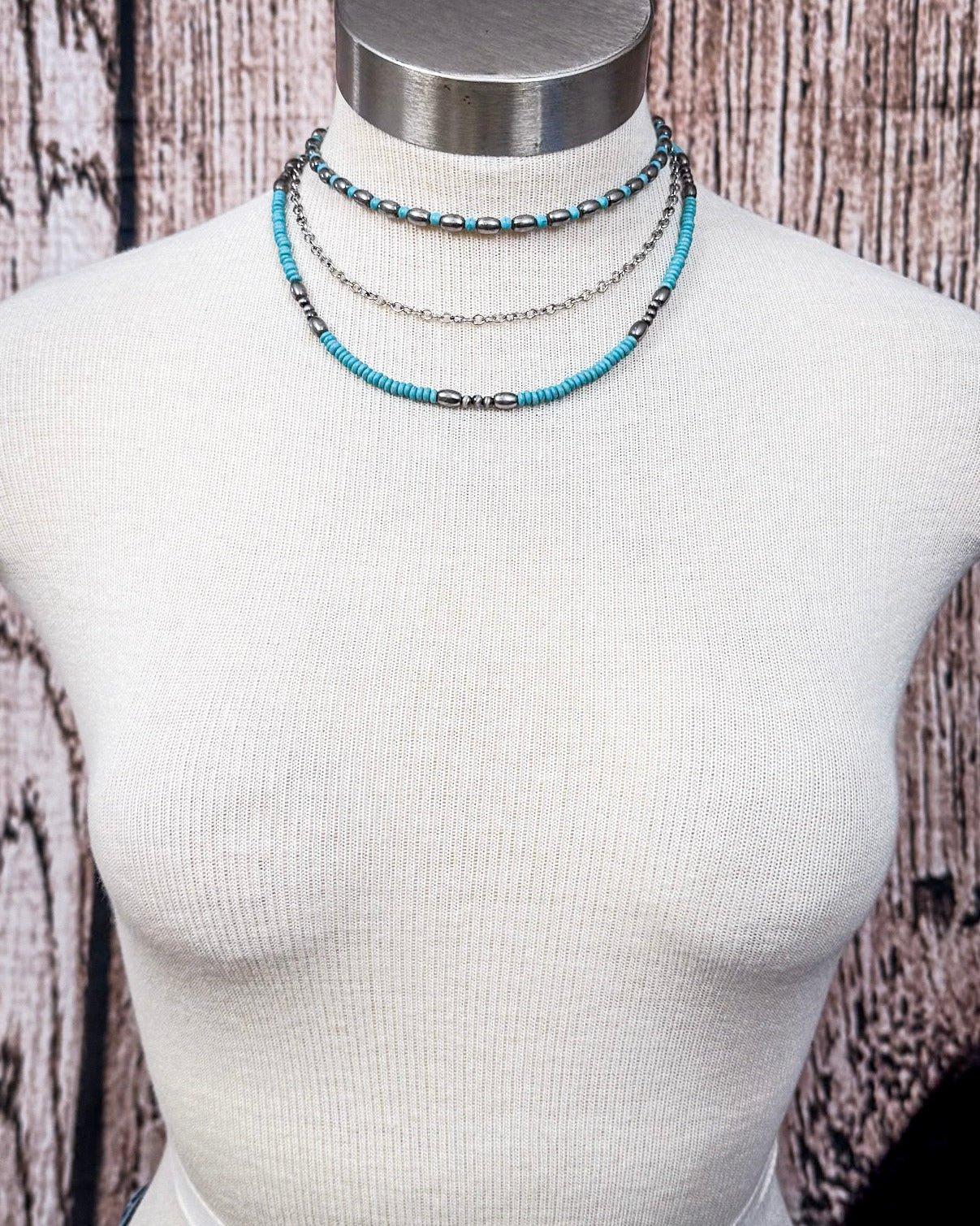Rowdy Navajo Style Pearl Layered Fashion Necklace - Bead/Turquoise - Image 3