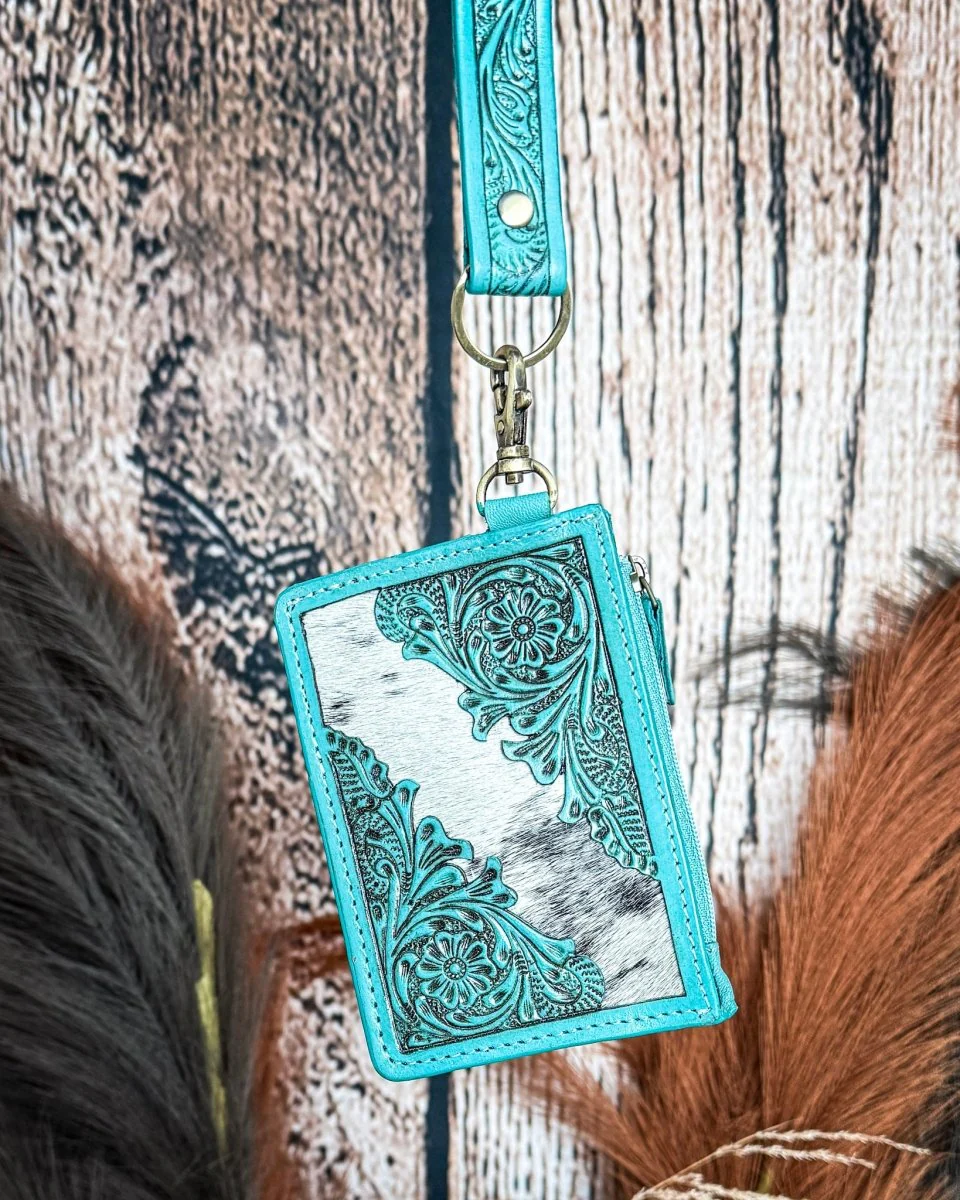Sage River Hand Tooled Hairon Leather Card Holder in Frontier Aqua By Myra Bag - Image 2