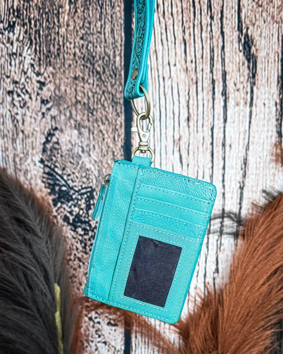 Sage River Hand Tooled Hairon Leather Card Holder in Frontier Aqua By Myra Bag - Image 3